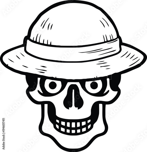 A whimsical illustration of a skull wearing a wide-brimmed hat with a mischievous grin