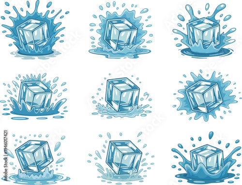Clear ice cubes plunge into vibrant blue water, creating dynamic splashes. The refreshing action generates energetic ripples and flying droplets all around.