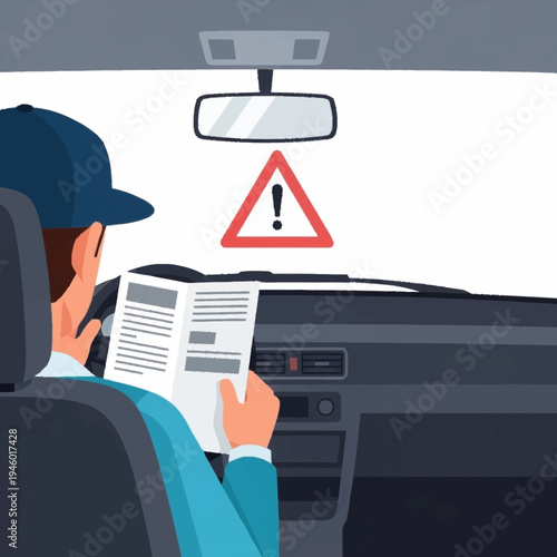 Man reading document inside car with warning sign.