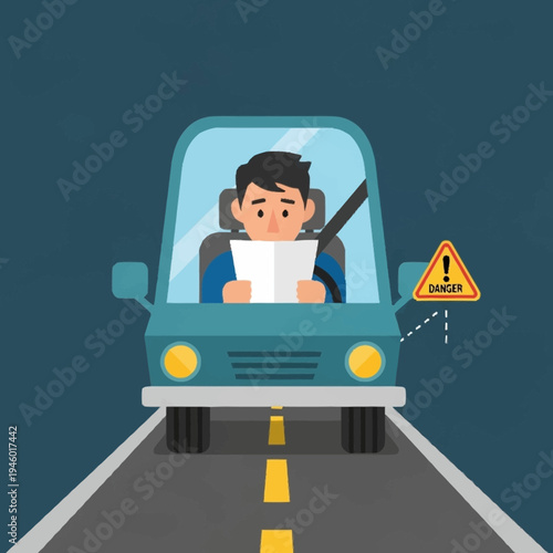 Man reading document while driving car on road.