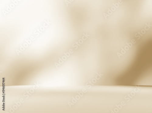 Empty cream beige golden room studio with shadow of leaves for product presentation. Autumn background. Summer tropical backdrop. Cosmetic showroom.