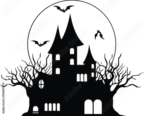 Haunting silhouette of gothic castle under a full moon with eerie bats and trees