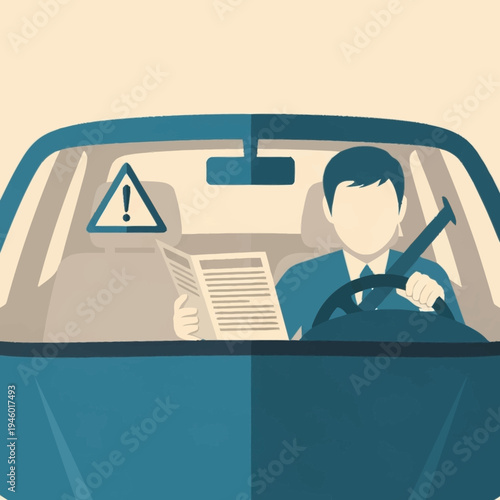 Driver reading newspaper while driving car.