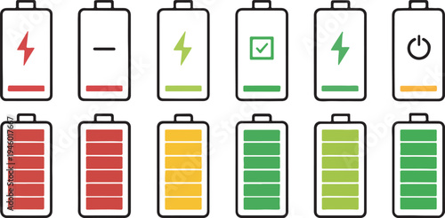 Battery level indicators. Colorful battery charge level icons. Battery power level pictograms in outline style. Vector