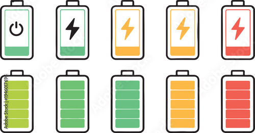 Battery level indicators. Colorful battery charge level icons. Battery power level pictograms in outline style. Vector