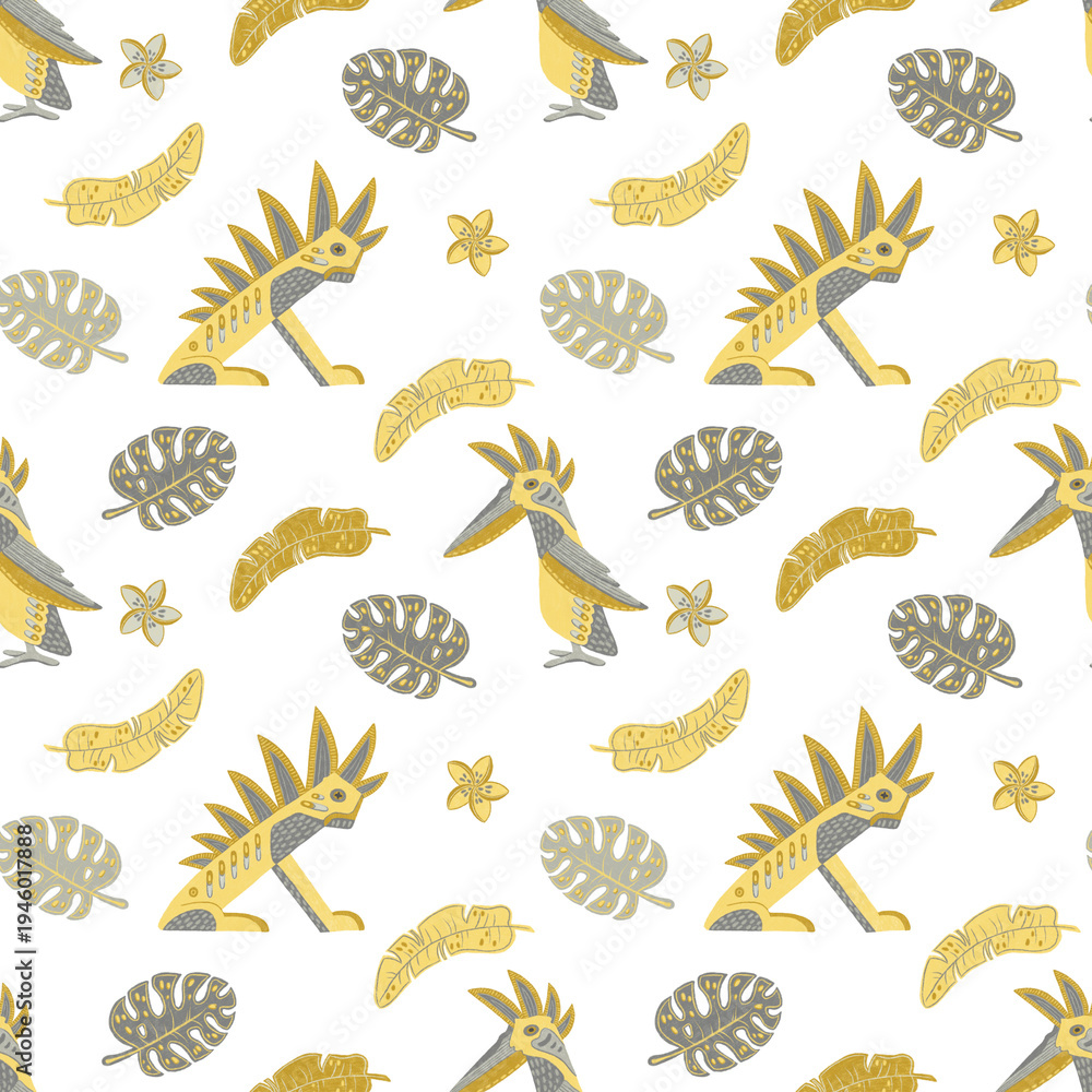 Fototapeta premium Seamless tropical pattern with hand drawn stylized fantasy bird, animal, palm leaves, frangipani flowers in grey and yellow on transparent background. Ideal for textile, wallpaper, home decoration