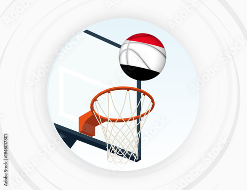 Yemen Flag Themed Basketball in Motion, Scoring Moment in Basketball Game.