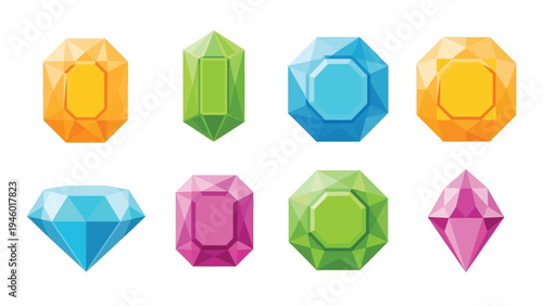 Flat lay of eight colorful gemstones with various shapes and faceting against a clean white background.
