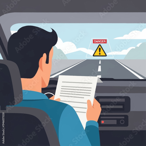 Man reading document while driving car on road with danger sign.