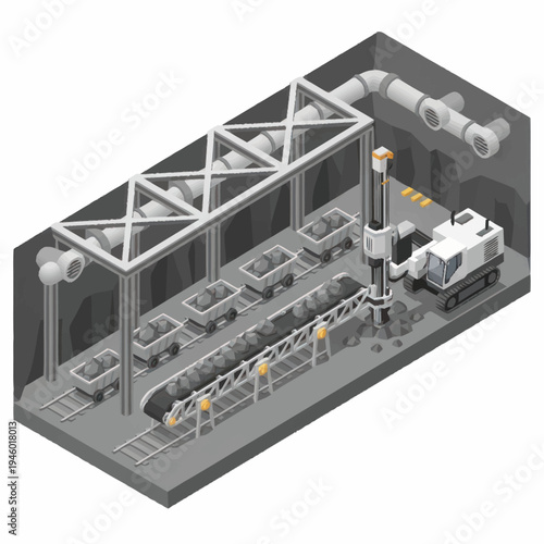 Industrial mining operation with conveyor belt and mining vehicle.