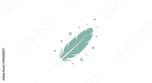 A green feather with sparkles and stars.