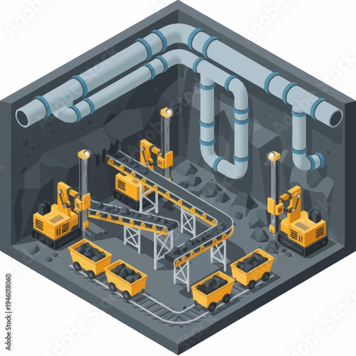 Isometric Coal Mining Operation with Conveyor System and Trucks.