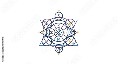 A geometric mandala design with intricate patterns and symbols.