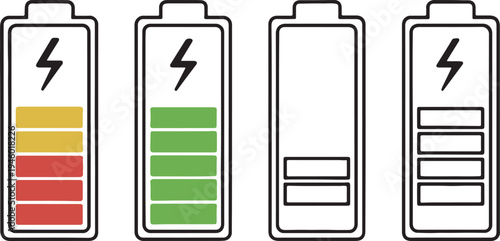Battery level indicators. Colorful battery charge level icons. Battery power level pictograms in outline style. Vector