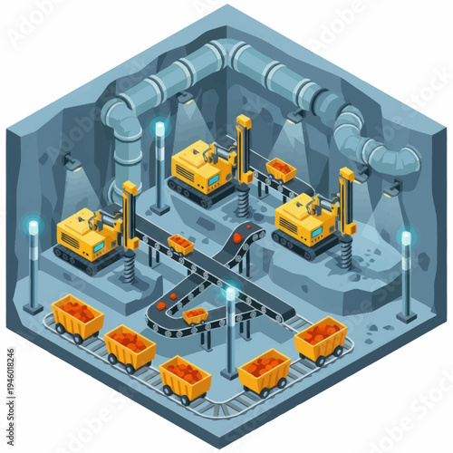 Isometric Mining Operation with Excavators and Conveyor Belts.