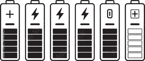 Battery level indicators. Colorful battery charge level icons. Battery power level pictograms in outline style. Vector
