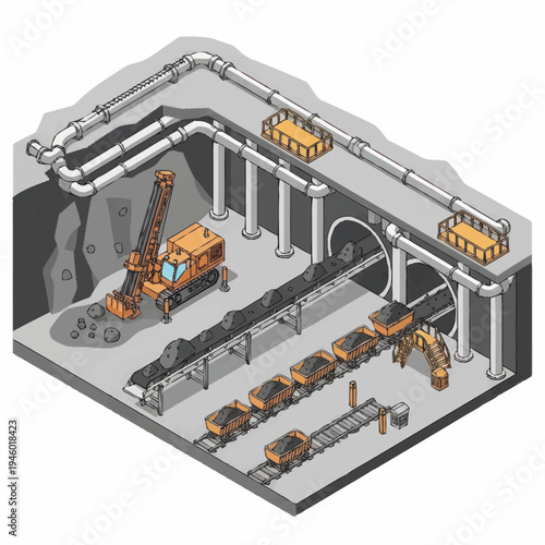 Coal Mining Operation with Conveyor Belt and Trains.