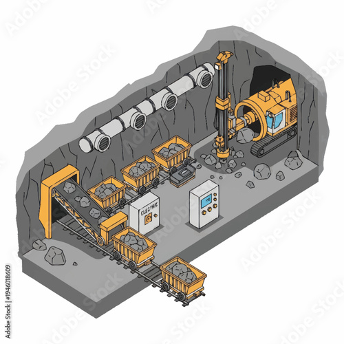 Mining tunnel drilling and ore transport system.