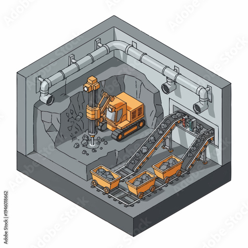 Mining operation with drilling machine and conveyor belts.