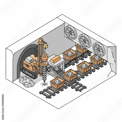 Mining operation with drilling machine and ore carts.