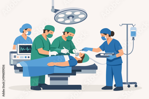 Surgical Team of Doctors and Nurses Performing Medical Operation on a Patient in a Modern Hospital Operating Room with Advanced Equipment, Heart Monitor, and IV Drip, Flat Vector Illustration.