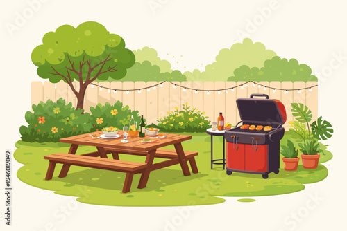 Simple flat vector illustration of a backyard barbecue scene with a wooden picnic table set with food and drinks, a red BBQ grill cooking burgers, green trees, a fence, and festive string lights.