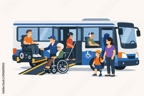 Inclusive Public Transportation Concept with Disabled People Using an Accessible Bus Featuring Wheelchair Lift and Ramp, Elderly Woman, Blind Person, and Child with Prosthetic Leg Illustration