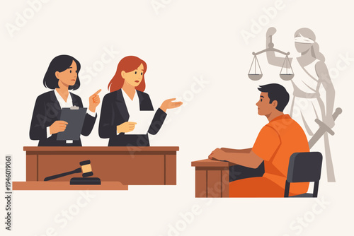 Female Lawyers Questioning Accused Man in Orange Jumpsuit in Courtroom with Lady Justice Background, Flat Vector Illustration of Legal Trial, Prosecution, Defense, and Criminal Justice Process