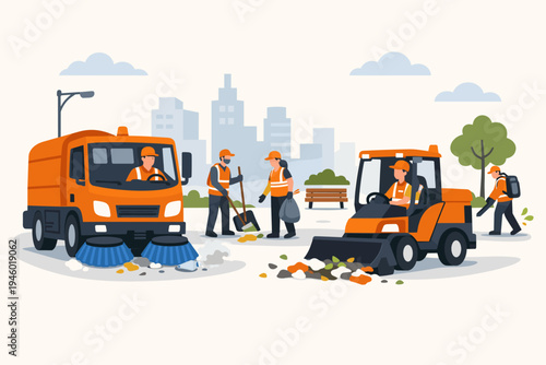 City Sanitation Workers Cleaning Public Streets and Parks with Street Sweeper Truck, Front Loader, and Leaf Blower, Flat Vector Illustration of Urban Maintenance and Waste Management Services