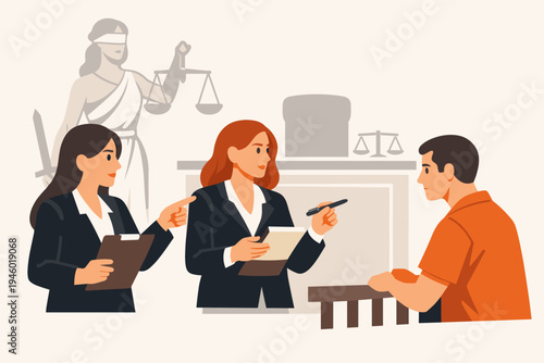 Two Professional Female Lawyers Questioning an Accused Man in Courtroom with Lady Justice Statue and Scales of Justice Background, Legal Defense and Prosecution Concept Flat Vector Illustration.