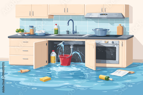 Major kitchen flood caused by leaking water pipes under the sink, plumbing emergency with water spraying and covering the floor, home maintenance disaster, simple flat vector illustration.