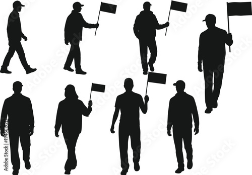 Silhouettes of people holding flags, protest demonstration, group movement, activism, social gathering, symbolic representation, organized march, unity