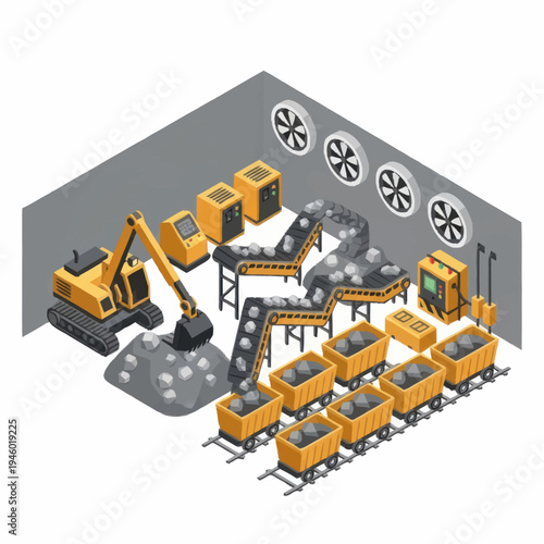 Industrial Mining Operation with Excavator and Conveyor System.