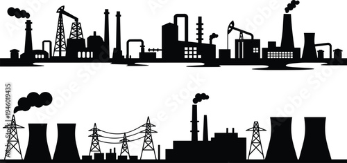 Industrial factories and power plants silhouettes, oil rigs, smokestacks, refinery towers, cooling towers, energy production infrastructure, environmental impact