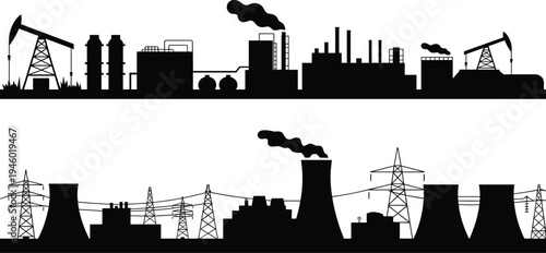 Industrial oil extraction facilities silhouettes, refinery towers, storage tanks, power generation plant, cooling towers, transmission towers, energy infrastructure, pollution impact