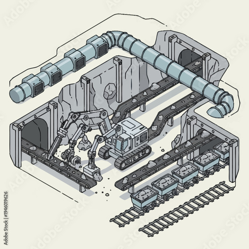 Industrial mining excavation and transport system illustration.