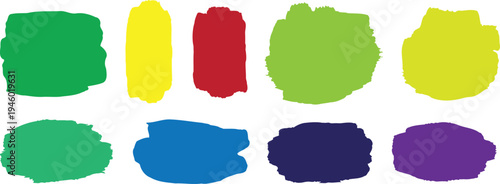 Set of eight diverse colorful hand drawn brush strokes collection on transparent background
