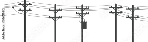 Utility poles with electrical transformer, overhead power lines distribution system, rural energy infrastructure, electricity grid connection, industrial technology