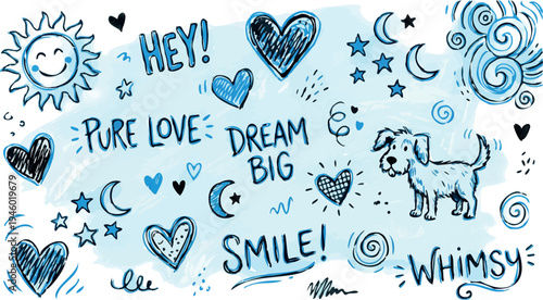 Whimsical Doodle Dog with Hearts and Stars on Blue Background