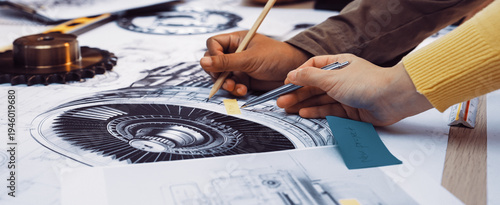 Fotografie Engineers engage in a dynamic design session, surrounded by blueprints and sketches