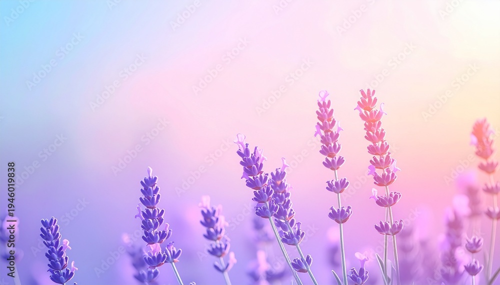 Fototapeta premium Soft focus lavender field with pastel gradient sky and gentle sunlight