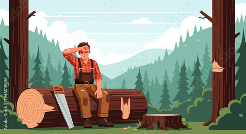 Illustration of lumberjack sitting on tree trunk in forest landscape