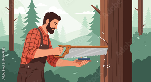 Lumberjack man sawing tree with handsaw in forest