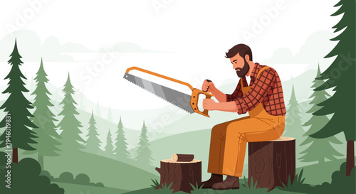 Lumberjack sitting on tree stump sharpening handsaw in forest