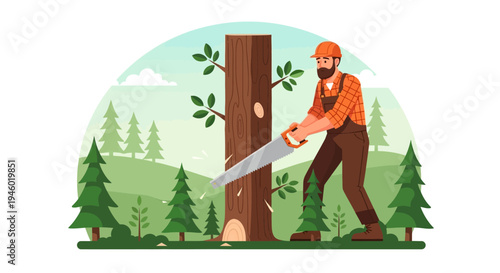 Lumberjack cutting down tree with chainsaw illustration