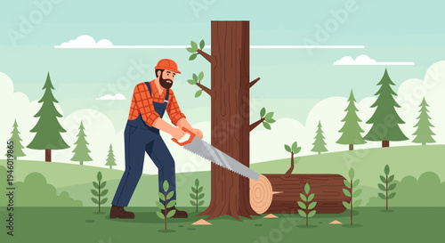 Lumberjack cutting down tree with chainsaw illustration