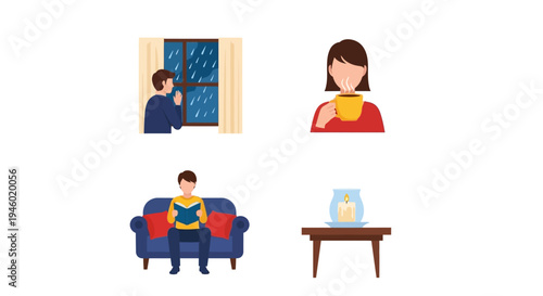 Cozy Rainy Day Home Activities with People Observing Rain, Drinking Hot Beverage, Reading on Sofa, and Candle on Table on Isolated White Background