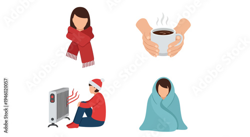 Cozy Winter Comfort Scenes with People Staying Warm, Holding Hot Drink, and Wrapped in Blanket on Isolated White Background
