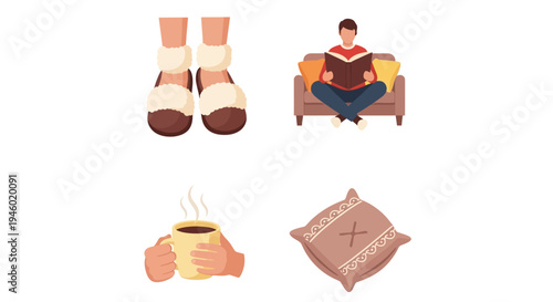 Cozy Home Scenes with Legs in Warm Socks, Person Reading on Sofa, Hand Holding Hot Drink, and Pillow on Isolated White Background