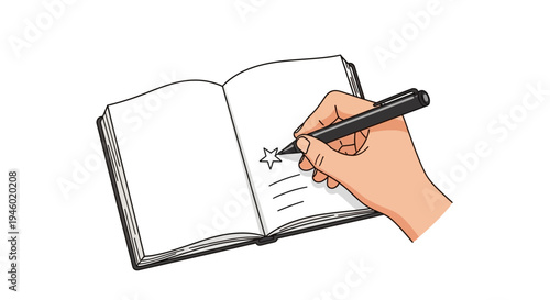 Hand holding a pen and writing a star in an open, blank notebook, depicting creative journaling or note-taking on isolated white background.